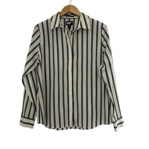 Lands' End Womens 12 No Iron Supima Cotton Striped Button Down Shirt Navy White